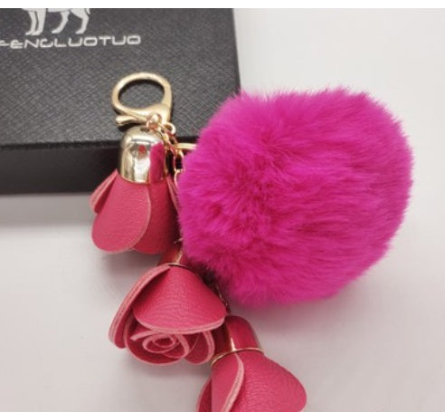 Cute Pompom Ball PU Rose Key Chains Handmade Fur Keyring Bags Decoration Pendant Keychains Jewelry Ornaments Kids Birthday Gifts